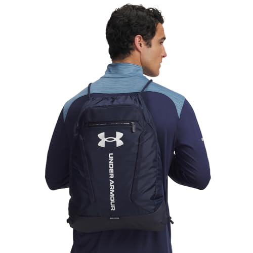 Under Armour Unisex Hustle Sackpack, (410) Midnight Navy / Midnight Navy / Metallic Silver, One Size Fits Most