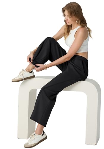 IWOLLENCE Women Wide Leg Sweatpants Elastic Waist with Drawstring Lounge Pants with Side Pockets Soft Stretchy (Black, L)