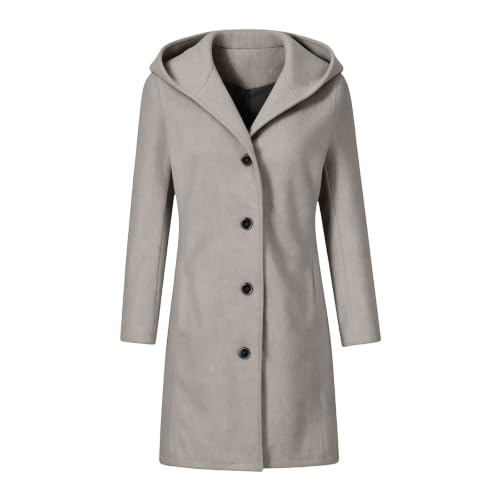 Mid Length Hooded Trench Coat for Women Long Sleeve Button Down Wool Jacket