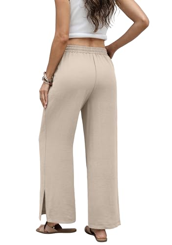 SAMPEEL Women's Wide Leg Pants Elastic Waist Casual Flowy Palazzo Lounge Trousers Outfits Western Capsule Wardrobe for Women Oatmeal S