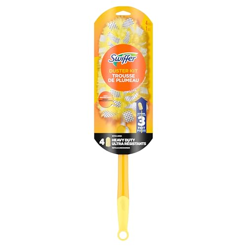 Swiffer Duster Kit with 3ft Extendable Handle, Heavy Duty Dusting Starter Kit with 4 Refills, for Ceiling Fans, Vents and Hard to Reach Places