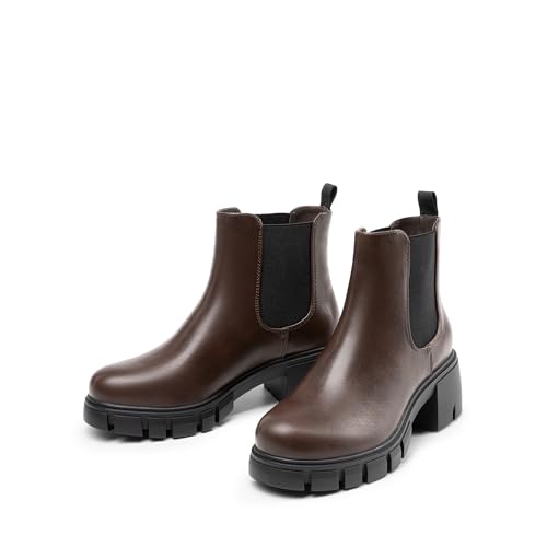 DREAM PAIRS Women's Chelsea Ankle Boots Fall Booties,Brown,6 | Platform Chunky Heel,Round Toe,Pull-On,Comfortable,for Fall Winter Outdoor Walking,Office,Daily