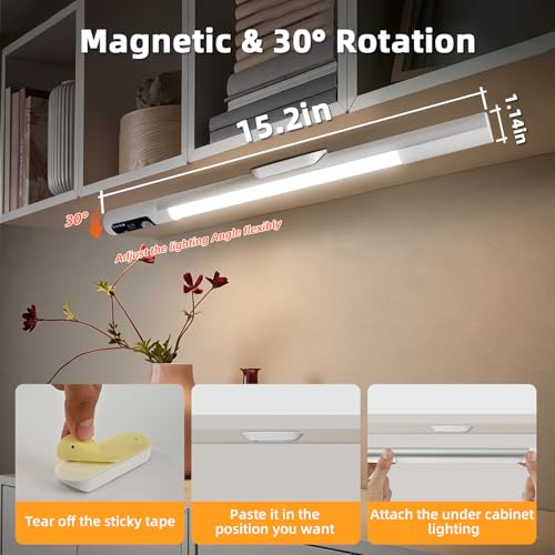 DEXULESA 15.2" 2 Pack Motion Sensor Under Cabinet Lighting with Digital Display, 4 Brightness & 3 Color Temperatures, Rechargeable Led Under Cabinet Lights for Closet Cabinet Bedroom Hallway