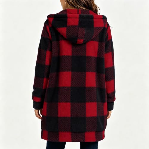 Plaid Sherpa Jacket Women Hooded Zip up Fall Coats Mid Long Outwear