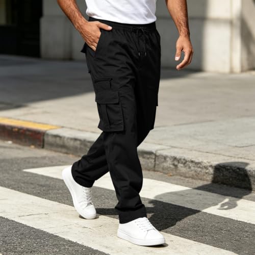 Mens Drawstring Elastic Waist Cargo Pants Straight Leg Casual Pants