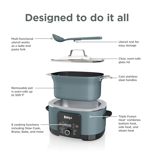 Ninja MC1001C Foodi PossibleCooker PRO 8.5 Quart Multi-Cooker, with 8-in-1 Slow Cooker,Dutch Oven,Steamer &More,Glass Lid & Integrated Spoon,Nonstick,Oven Safe Pot to 500°F,Sea Salt Gray,Sea Salt Grey