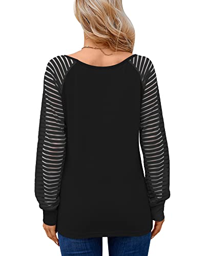 WNEEDU Long Sleeve Tops for Women V Neck Tunic Shirts Casual Fall Blouse | Sheer mesh raglan 2026 t shirt, Women loose striped long sleeve tops pullover for fall spring Black M