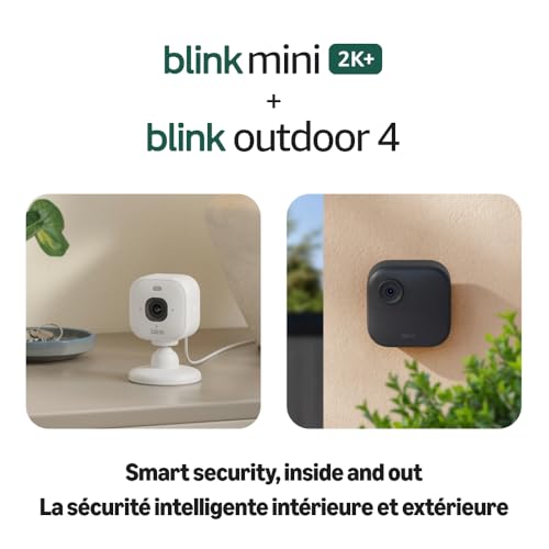 Blink Outdoor 4 and Blink Mini 2K+ — Wireless smart security camera with two-year battery and 2K indoor home and pet camera. Sync Module Core included