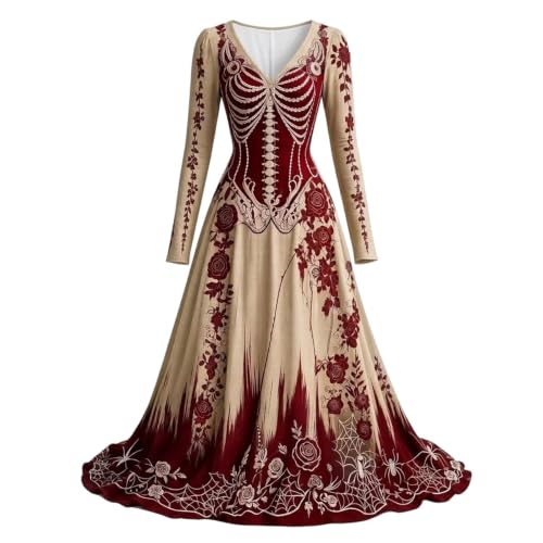 Womens Halloween Dresses Costume V Neck Skeleton Gothic Maxi Dress Beige