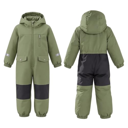 Kids Snow Pants Boys One Piece Ski Suit Waterproof Windproof Padded Snow Suits Kid Girls Winter Outdoor Warm Hooded Snowboard Jumpsuit Army Green 14-15 years