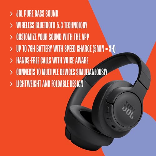 JBL Tune 720BT - Wireless Over-Ear Headphones with JBL Pure Bass Sound, Bluetooth 5.3, Up to 76H Battery Life and Speed Charge, Lightweight, Comfortable and Foldable Design (Black)