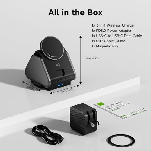 3 in 1 Charging Station, for Mag Safe Wireless Charger Stand, 15W Multiple Device Magnetic Charging Station for iPhone 16,15,14,13,12 Series, Apple Watch, AirPods (USB-C Charger Included)