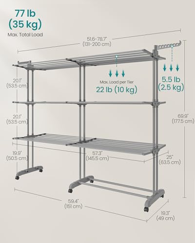 SONGMICS Clothes Drying Rack 4-Tier, Foldable Laundry Drying Rack 177.5 cm Tall, Extendable Rods, Stainless Steel, Rolling Clothes Horses, Laundry Airer, Indoor Outdoor Use, Dove Gray ULLR704G01
