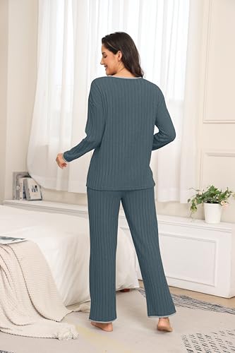 VINTATRE Women's Pajama Sets Long Sleeve Casual 2 Piece Lounge Set Pjs Outfit Fall Sleepwear 2025 Medium Blue-M