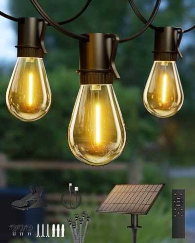 Solar String Lights Outdoor, 120FT 30+2 Shatterproof S14 LED Bulbs, Waterproof, USB Rechargeable, 2200K Warm White, Energy-Saving Hanging Patio Lights for Garden, Porch, Bistro, Deck, Market