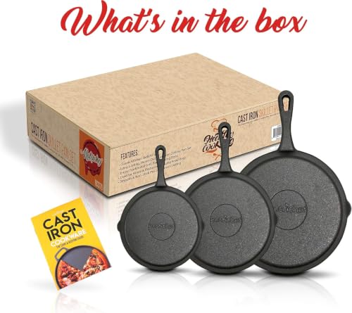 NutriChef Pre-Seasoned Cast Iron Skillet Pans - 3 Pieces Kitchen Frying Pan Nonstick Cookware Set w/Drip Spout - Includes Scraper - Electric Stovetop, Induction, Gas Range, Ceramic