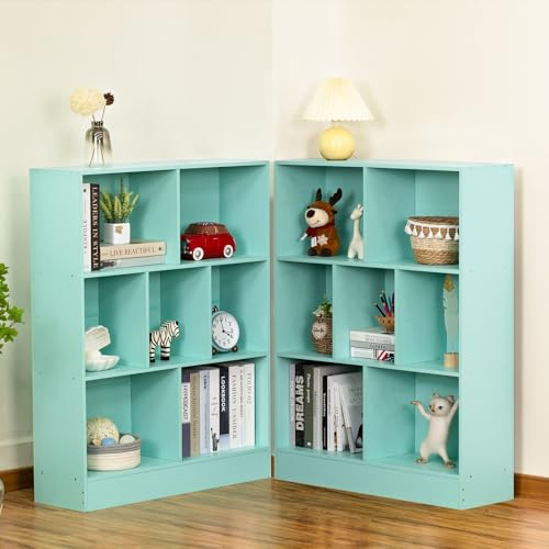 LEYAOYAO 7 Cube Bookshelf with Base,3 Tier Mid-Century Modern Bookcase,Standing Wide Bookshelves Storage Organizer Shelf,Rustic Wood Display Cabinet Book Shelves for Bedroom,Living Room,Office,Green