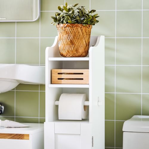 SoBuy Corner Toilet Paper Holder Stand, 23 * 20 * 100CM | Toilet Paper Cabinet with Lift-Up Top, Adjustable Shelf & 4 Wheels, Small White Washroom Storage Cabinet, FRG177-W