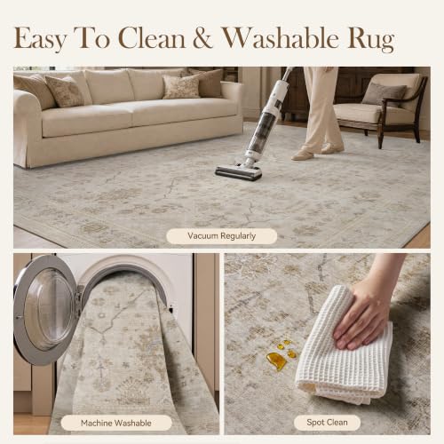 Area Rug 8x10 Rugs for Living Room Machine Washable Rug Non Slip Vintage Bedroom Carpet for Living Room Bedroom Dining Room Rug Beige