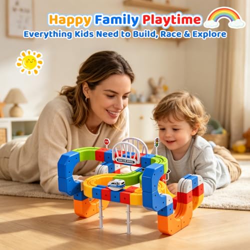 Electric Train Set 3D Track STEM Toy Toddler Gifts for 3-8 Boys Girls | 100PCS Train Sets for Kids Toys, Track Blocks with Flip Hanging Tracks, USB Car, Traffic Signs, Stockings Stuffers for Kids