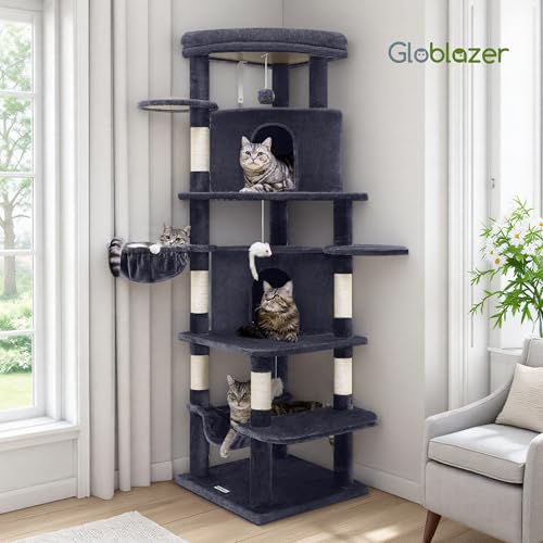 Globlazer Corner Stable Cat Tree Tower for Indoor Large Cats, Dark Grey | 66in Tall Curved Series Large Cat Condo with 6 Sisal Scratching Posts, 2 Spacious Caves, Large Hammock, Hanging Basket, C66