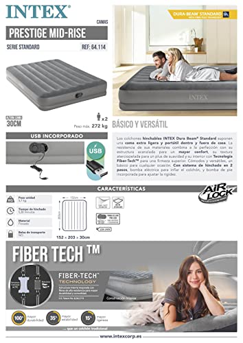INTEX 64114E Dura-Beam Standard Prestige Air Mattress: Fiber-Tech – Queen Size – Built-in USB Electric Pump – 12in Bed Height – 600lb Weight Capacity