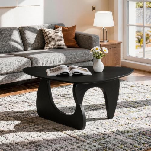 FANCROU Modern Triangle Glass Coffee Table, with and Unique Wooden Base, Mid-Century Small Accent Table for Living Rooms, Offices and Apartments, Black Linen Legs & Black Linen Tabletop, 80CM