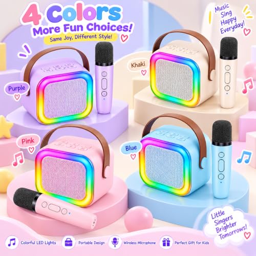 Mini Karaoke Machine for Kids with 2 Wireless Microphones (Purple) | Bluetooth Connectivity, Voice Change, LED Lights, Wireless Microphone