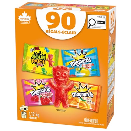 Maynards, Assorted Individually Wrapped Candy 1.12kg (Pack of 90) | Sour Patch Kids, Fuzzy Peach, Swedish Berries, Swedish Fish, Gummy Candy, Sour Candy, Prepared in Canada