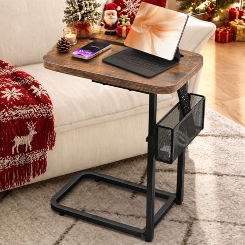 C Table End Table Adjustable Height,TV Tray Table with Storage Baskets