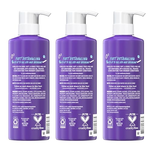 Aussie 3 Minute Miracle Moist Detangling Deep Conditioner Treatment with Avocado Oil, Paraben and Sulfate Free, 1.42 L in Total (3 Count of 475 mL Each)