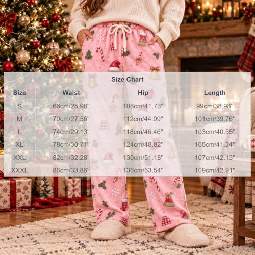Generic Womens Fleece Pajamas Pants Cute Christmas Pj Pants Plush Sleepwear | Warm Soft Pj Pants for Women Christmas Pajamas Pants Cute Santa Hat Print Pj Bottoms Fuzzy Drawstring Lounge Pant with Pocket