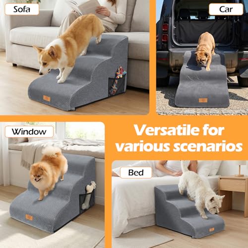 Almcmy Dog Stairs for Small Dogs 15.7" H 3-Step Bed Sofa Chair Use, Grey