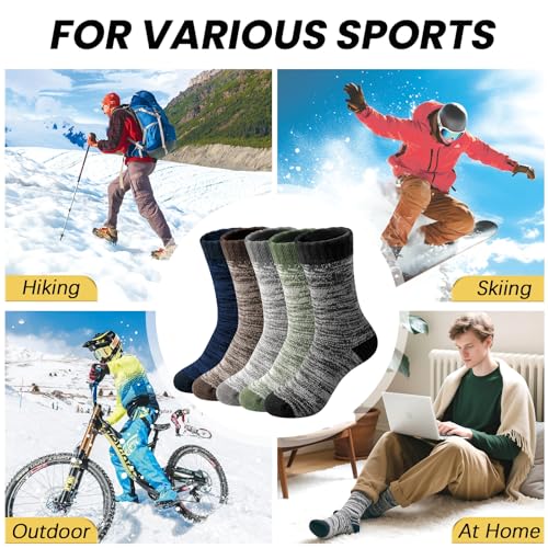 YUVFEHY 5 Pairs Merino Wool Socks for Men Extra Thick for Winter Hiking | Warm Breathable Thermal Crew Work Sock for Cold Weather Size 7-15