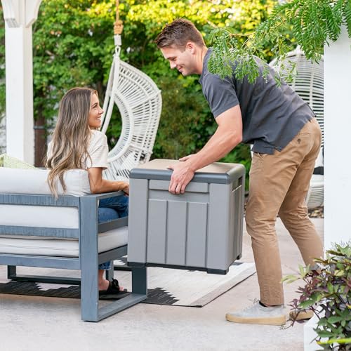 LIFETIME 25 Gallon Outdoor Storage Cube, Deckbox, Brown lid, Storage Box for Gardening Tools, Pool Supplies, Patio Furniture & More