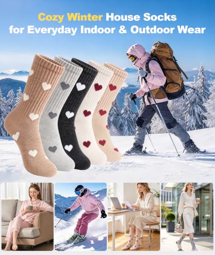 SIMIYA 5 Pairs Merino Wool Socks for Women Warm Extra Thick Winter Thermal | Super Warm for Cold Weather, Cozy Soft, Moisture-Wicking, Reinforced Toe, Crew Hiking Socks for Work Daily, Fun Cute Design