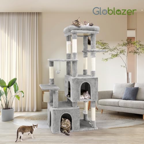 Globlazer Cat Tower for Indoor Cats, 61inch Heavy Duty Cat Trees for Large Adult Big Cats Maine Coon Cat Tree Tower with Scratching Post, Extra Large Top Perch, Cat Condos, F61, Light Grey