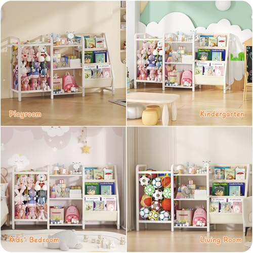 CYXPHION B1 Kids Bookshelf and Toy Storage, 3-Tier Book Shelf for Kids Rooms, Sling Baby Bookcase with Animal Storage, Montessori Toddler Bookshelf for Nursery, Bedroom, Playroom, White
