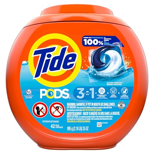 Tide PODS laundry detergent pacs, 3-in-1 Stain Remover, Odor Fighter, Color ProteCountor, 42 Count, HE compatible, Clean Breeze Scent