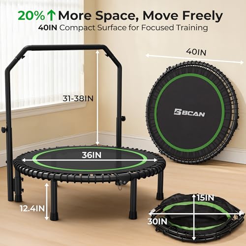 BCAN 450 LBS Foldable Mini Trampoline, 40" Fitness Trampoline with Adjustable Handle Bar, Bungees, Stable & Quiet Exercise Rebounder for Adults Indoor/Garden Workout-Green