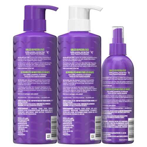Aussie Kids Moisturize and Detangle Set: Shampoo, Conditioner and Detangling Spray, Sulfate, Paraben, Dye Free, Designed for Kids, 475 mL, 475 mL, 236 mL