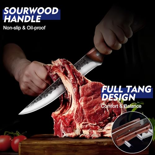8PCS Chef Butcher Fish Knife Set for Meat Cutting with Roll Bag, Hand Forged Meat Cleaver Knife Boning Carving Knife Set for Home、Camping、BBQ