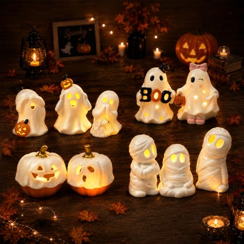 AELS Ceramic Ghost Candle Holder Set of 2, Cute Boo Ghost Tea Light Holders with Pumpkin, Spooky Tabletop Halloween Decorations for Home Party Decor, Figurines, White
