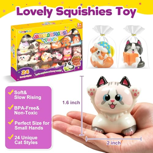 FUNNYB&G Squishy Toys Set for Kids - 24 Pack Cat Squishies Toys, Party Favors for Kids, Soft Stress Relief Toys, Classroom Prizes, Goodie Bag Fillers, Baskets Stuffers, Birthday Gifts for Boys Girls