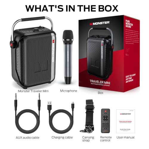 Monster Traveler Mini Bluetooth Speaker with Wireless Microphone, 80W Powerful Wireless Speaker with Deep Bass, Karaoke Machine Mode, 12H Playtime, 3 EQ Modes, 20m Control Range with Remote
