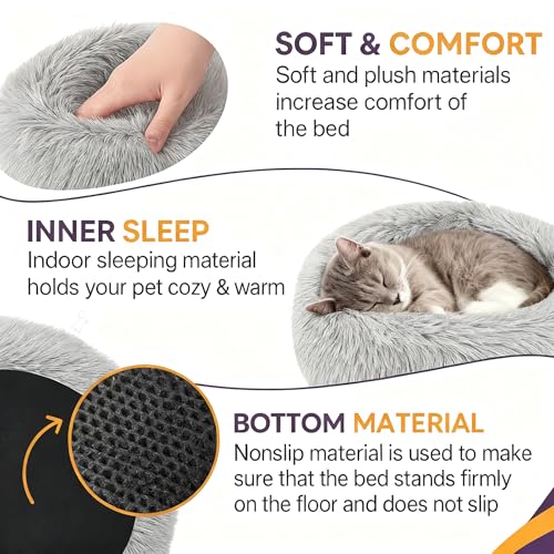 20in Donut Pet Bed, Calming Cushion for Small/Medium Dogs & Cats, Fluffy, Washable Light Brown