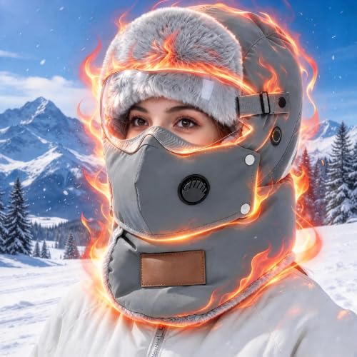 Winter Trapper Hat with Goggles Windproof Face Mask Plush Fleece Lined Balaclava Cold Weather Ski Hat for Men Women Gray
