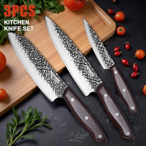 Topfeel Chef Knife 3PCS, High Carbon Hand Forged Stainless Steel Japanese Knife Sets, Ultra Sharp Professional Kitchen Knife Sets with Wood Ergonomic Handle