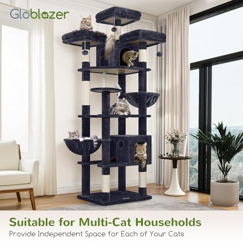 Globlazer Cat Trees and Towers for Multiple Adult Cats, 82-inch XXL Tall Cat Tree Tower for Indoor Cats with Scratching Post, 3 Perches, 2 Hanging Baskets, 2 Condos, Dark Grey, F82