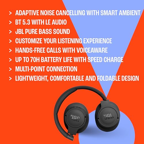 JBL Tune 770NC - Adaptive Noise Cancelling with Smart Ambient Wireless Over-Ear Headphones, Bluetooth 5.3, Up to 70H Battery Life with Speed Charge, Lightweight, Comfortable & Foldable Design (Blue)